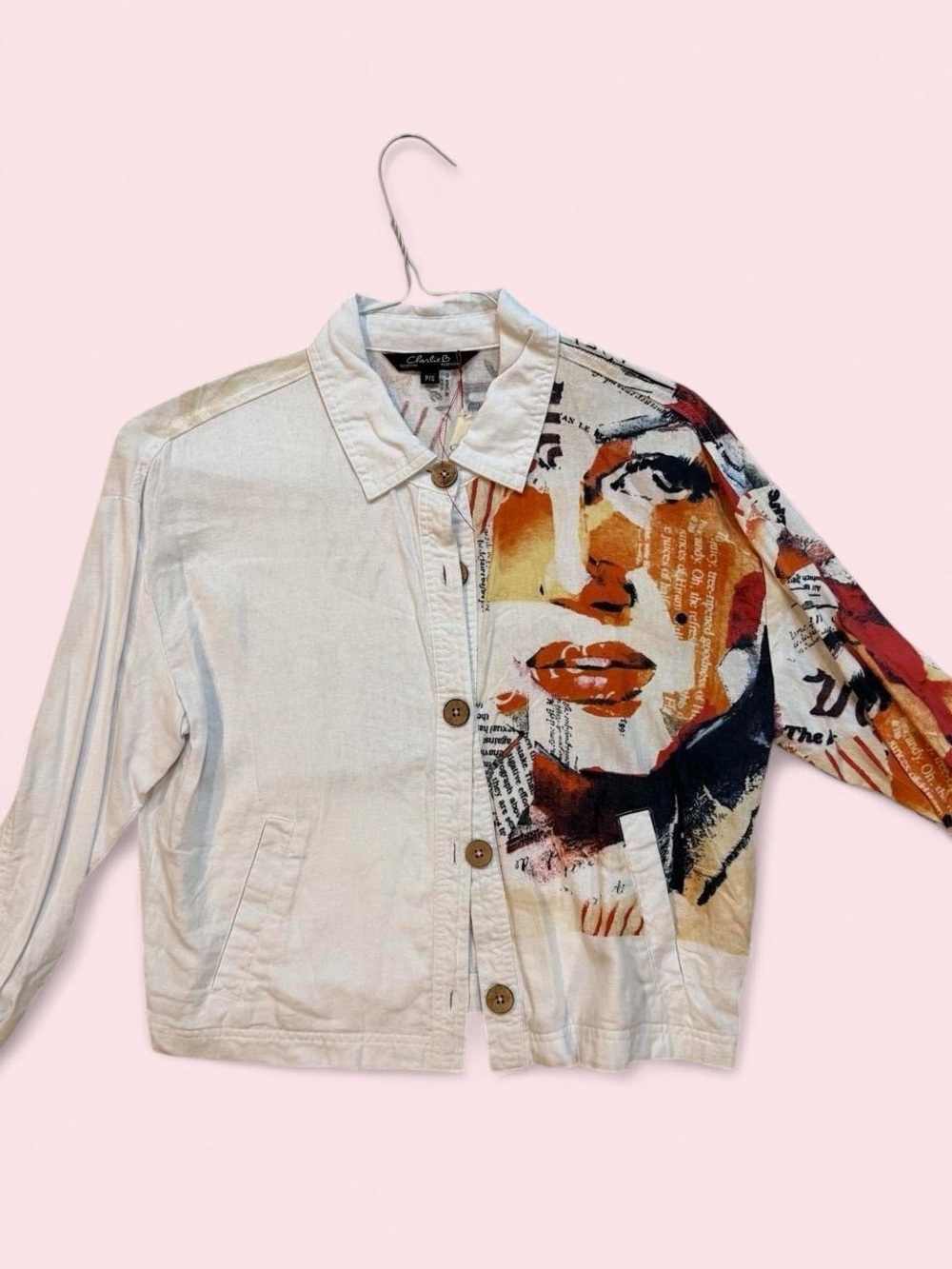Charlie B Abstract Face Print Linen Blend Jacket — Size S